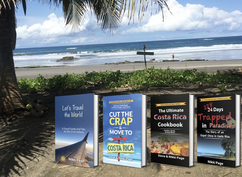 Book covers on Marbella beach, Costa Rica, with palm leaves and ocean background.