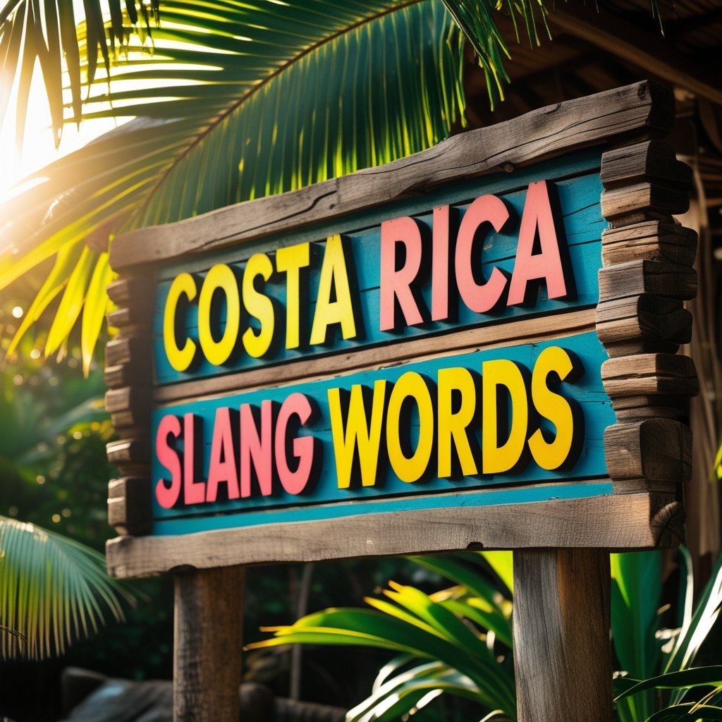 Costa Rica Slang Words Sign in Tropical Setting Wooden sign that says “Costa Rica Slang Words” with tropical greenery in the background.